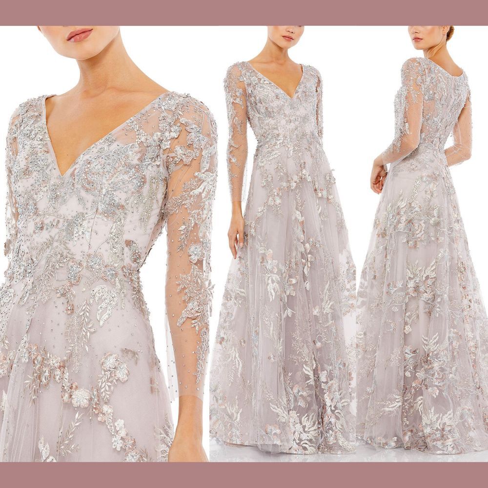 NWT‎ $798 Mac Duggal [ 4 ] 20245 Applique Illusion Long Sleeve A Line Gown